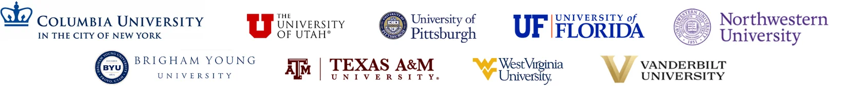 Partner universities including Texas A&M, BYU, University of Utah, Northwestern, UF and more